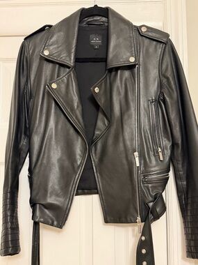 Armani Exchange Black Leather Moto Jacket with Zip Details